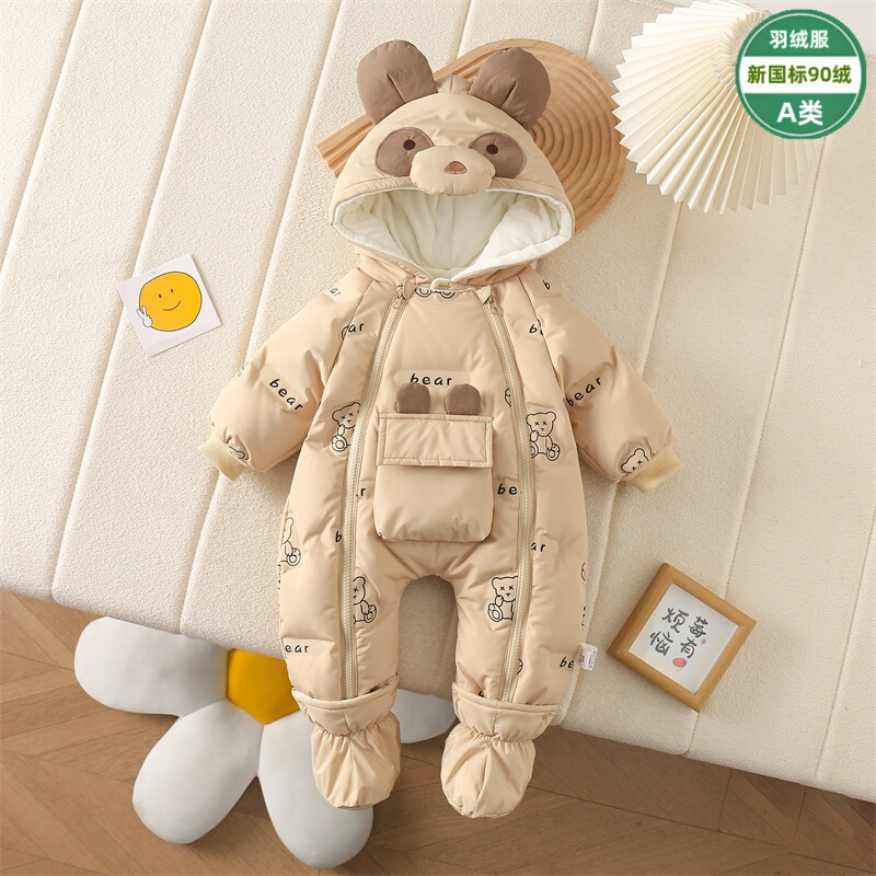 Infant and Toddler Winter Jumpsuit Fleece-Lined Two-Way Zipper Hooded down Jacket Windproof and Warm Outing Clothing Cartoon Crawling Clothing
