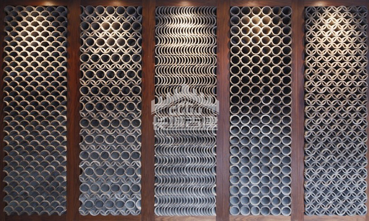 仿古瓦造型 <wbr>仿古瓦隔断 <wbr>瓦片叠加效果 <wbr>青瓦隔断 <wbr>青瓦镂空墙案例