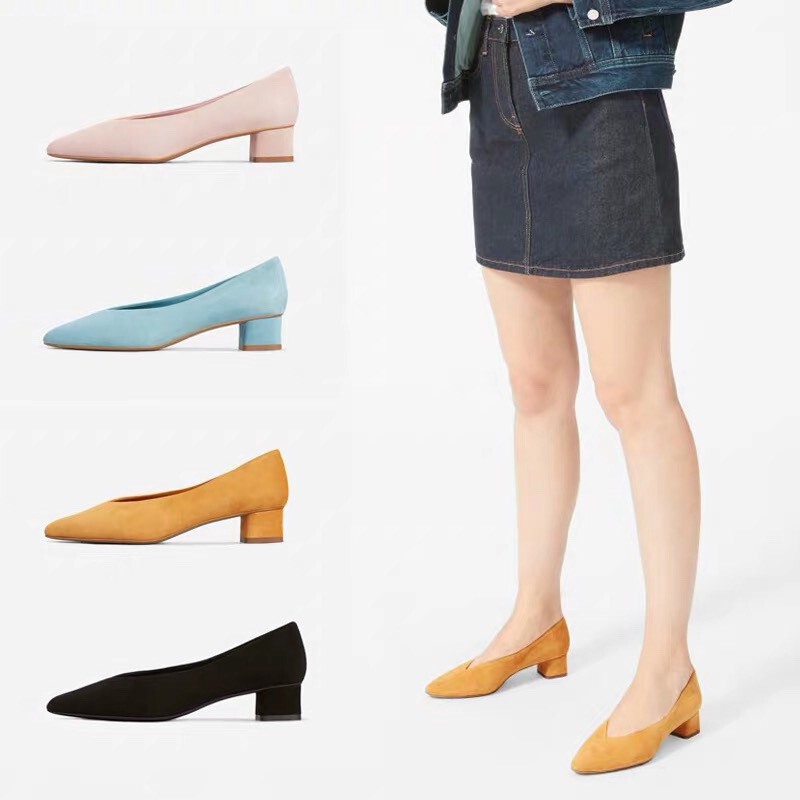 2026Everlane Spring and Autumn New Style Medium Thick Heel Pointed Toe Retro Granny Shoes Shallow Mouth Genuine Sheepskin Single Shoes Work Shoes