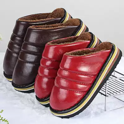 Winter cotton slippers female waterproof thick-soled high-heeled home warm microfiber leather foam-soled cotton slippers men's large size