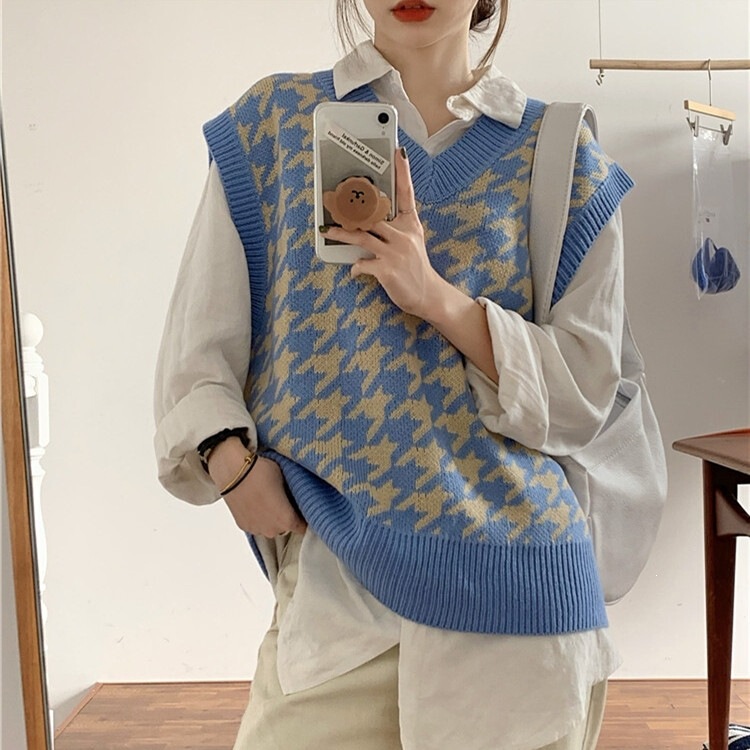 Houndstooth Vest Knit Sweater for Women, Autumn Korean Style Loose Pullover Sweater Top, Basic Style