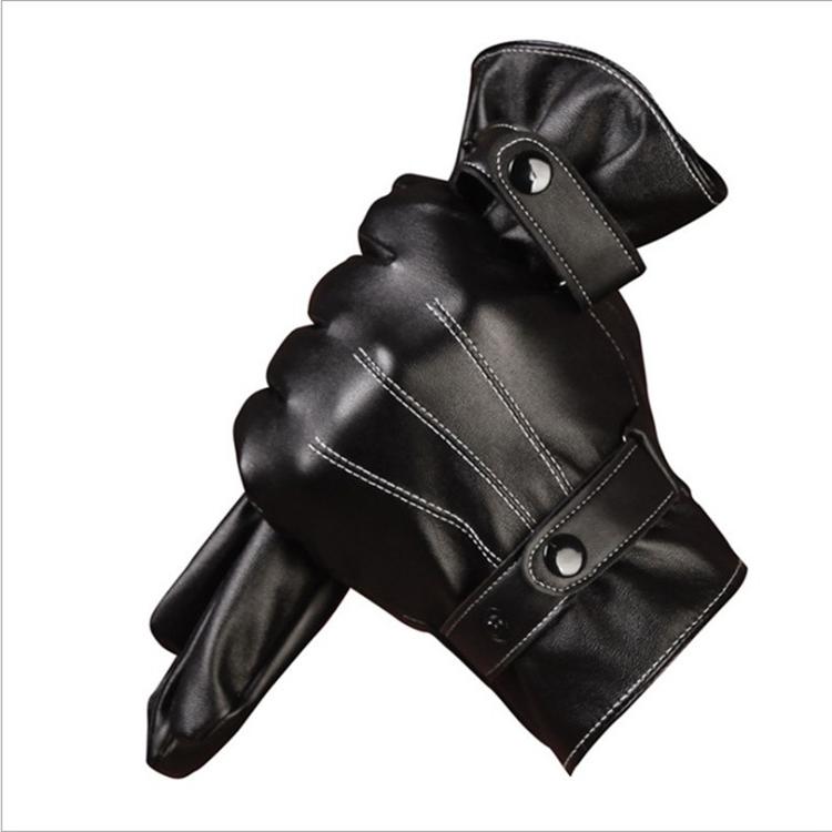 Leather gloves men's winter warm plus velvet touch screen three rib casual leather gloves Korean version cycling driving cold protection