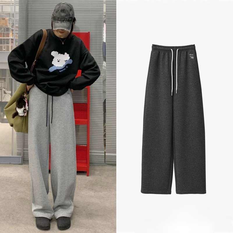 Seawhen Winter New Stylish Slimming Embroidered Fleece Thickened Warm Straight-Leg Casual Sweatpants
