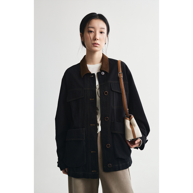 【Ranch Denim Jacket】Caremind Classic Patchwork Denim Jacket Black Multi-Pocket Workwear Style Jacket