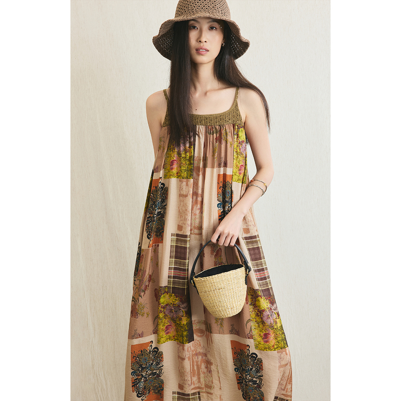 [Flower Utopia] Caremind Retro Patchwork Print Suspender Dress Holiday Style Long Tank Dress