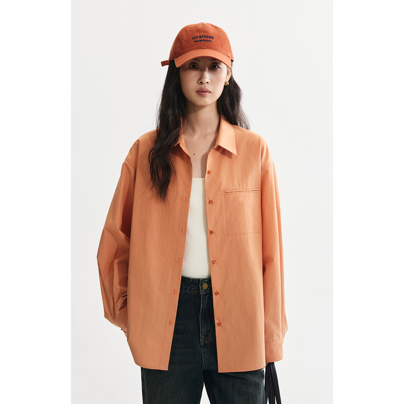 【Grapefruit Shirt】Caremind Orange Loose Shirt Versatile Outerwear Casual Turn-Down Collar Pocket Shirt