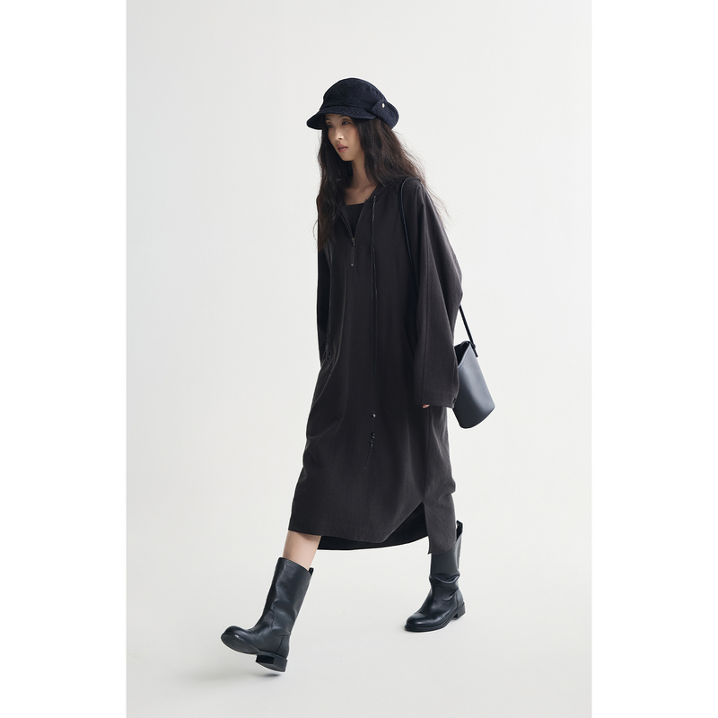 【Cape-Style Dress】Caremind Half-Zip Hooded Long-Sleeve Dress Loose Side-Slit Sweatshirt Dress