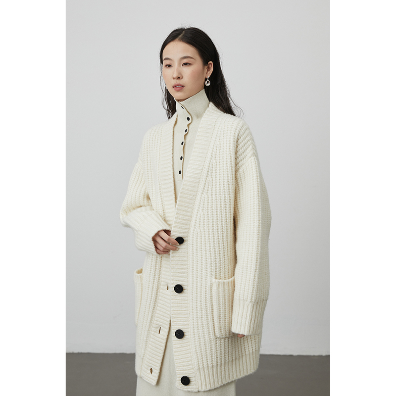 [Milk Waffle] Caremind Loose and Lazy Style Wool Knit Cardigan Mid-Length Sweater Jacket for Women