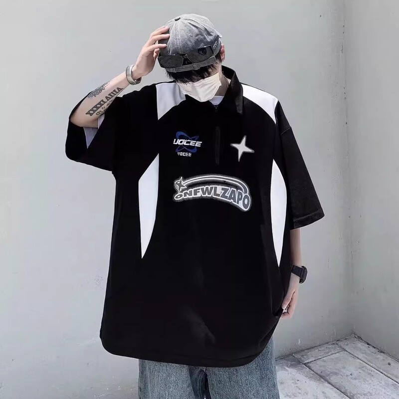 Plus Size 150kg Motorcycle Color-Block Short-Sleeve T-Shirt for Men and Women, Summer ins American Retro Polo Collar Half-Sleeve T-Shirt m