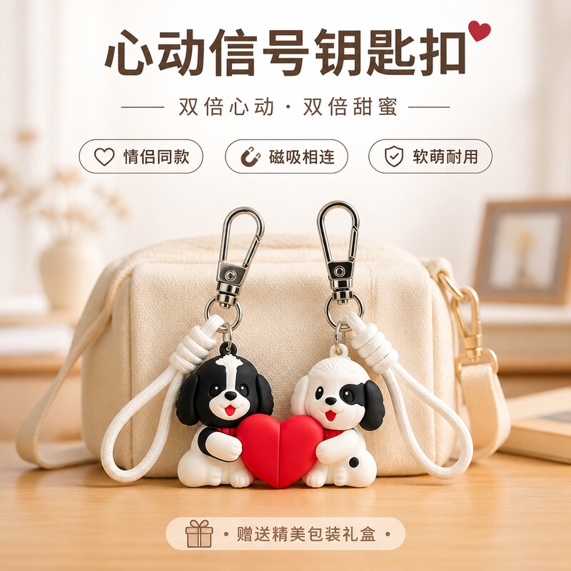 Cute Couple Bags with Heart-Shaped Puppy Charms, Magnetic Keychain Gift, Exclusive Pendant for Puppy Owners, a Pair