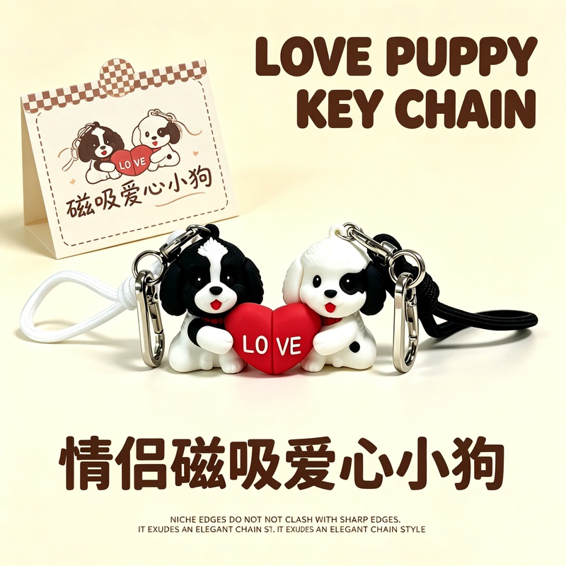 Cute Couple Bags with Heart-Shaped Puppy Charms, Magnetic Keychain Gift, Exclusive Puppy Owner Pendant, a Pair Cute Couple Bags with Heart-Shaped Puppy Charms, Magnetic Keychain Gift, Exclusive Puppy Owner Pendant, a Pair