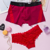 Lace side this year red underwear couple set sexy hollow women breifs low waist mens boxer pants