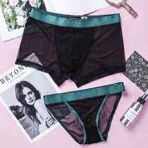 Transparent sexy hot couple underwear set net gauze temptation low waist breathable mens boxer womens breifs