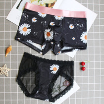 Couple underwear Ice Silk new passion summer breathable underwear set sexy lace chrysanthemum men flat corner three women