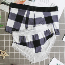 Couple underwear one man and one woman simple Plaid new cotton lace plus size transparent flat angle triangle underwear set