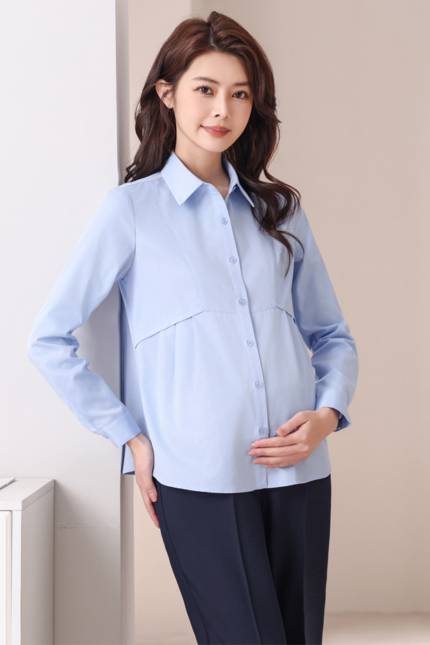 Maternity Professional Shirt, Loose-Fitting Workwear, Short White Top, Ol Blue Spring and Autumn Long-Sleeve Interview Work Shirt — 16