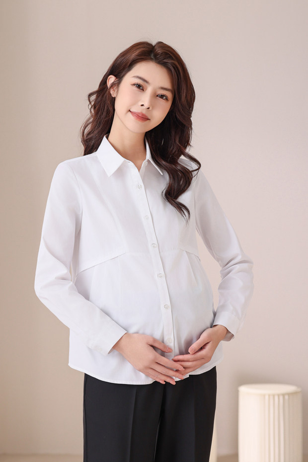 Maternity Professional Shirt, Loose-Fitting Workwear, Short White Top, Ol Blue Spring and Autumn Long-Sleeve Interview Work Shirt — 6