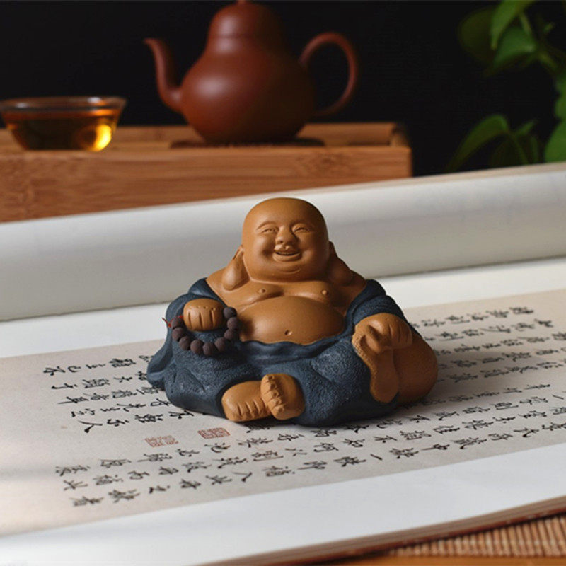 Boutique Purple Sand Bicolor Bleep Color Buddha Smiled Mouth Evergreen Great Belly Buddha Tea Darling Sculptures Kongfu Tea Tray Hem