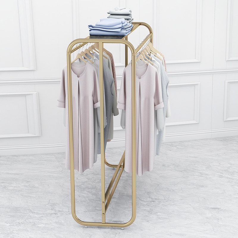 Clothing Store Show Shelf Women's Clothing Middle Island Shelf Double Row Double-Pole Floor Hanger Plus Coarse Thickening Nano Gold Color
