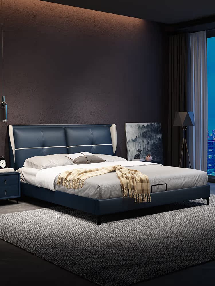 Bed modern minimalist Italian light luxury leather bed master bedroom king bed Nordic minimalist leather bed 1 8 meters double bed marriage bed