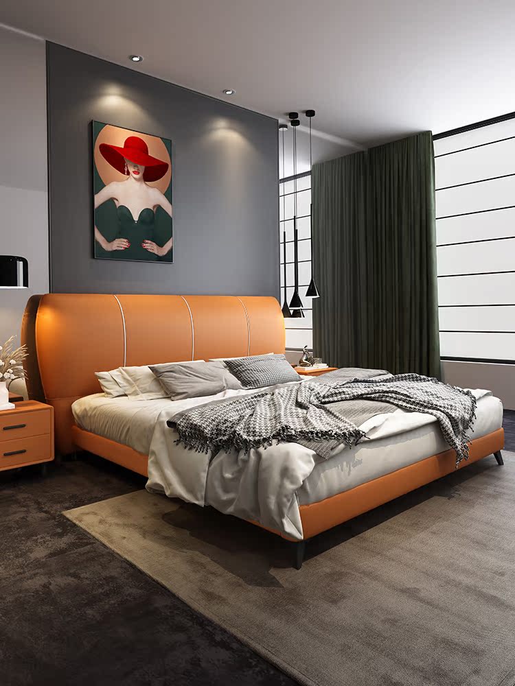 Bed light luxury modern double master bedroom wedding bed soft bag big bed Italian minimalist leather bed Nordic simple new leather bed