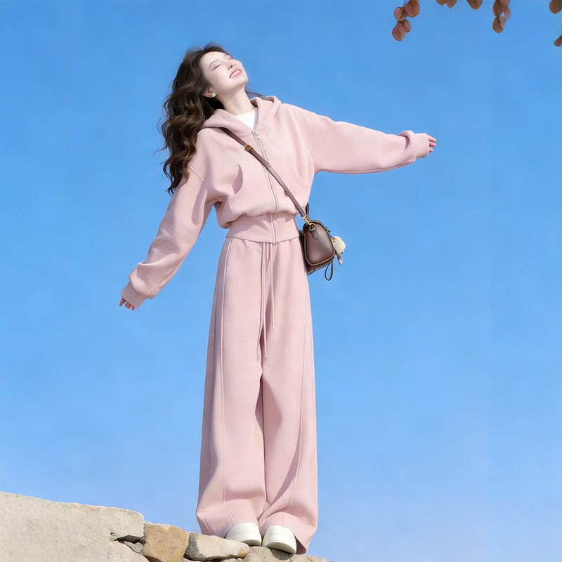 Pure Cotton Salt-Style Sportswear Set for Women, Spring Student Korean Version, Loose Slimming Sweatshirt, Wide-Leg Pants, Casual Two-Piece Set