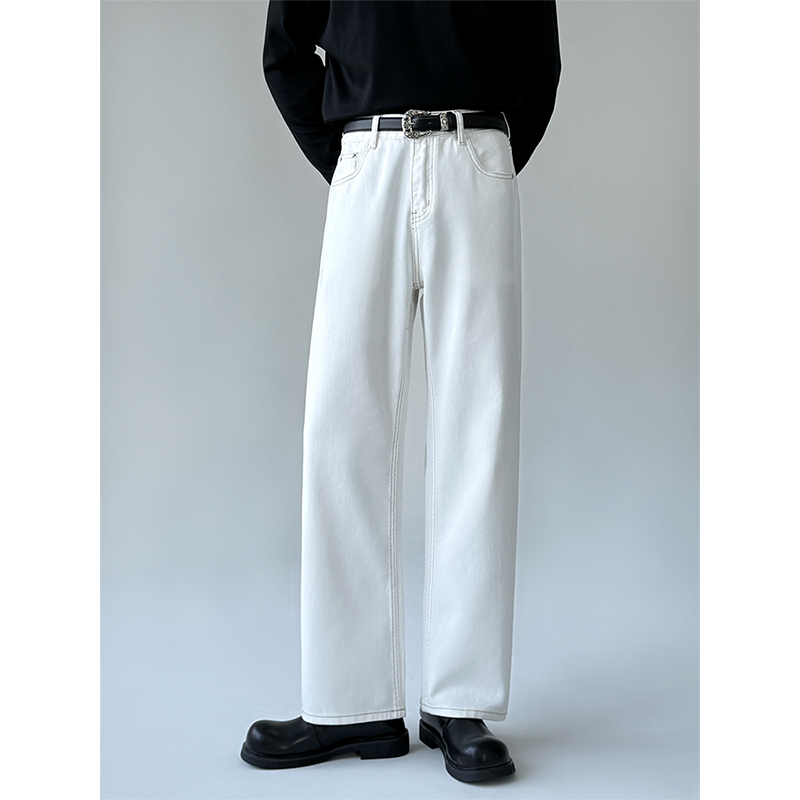 Lhhomme White Pure Cotton Straight-Leg Jeans with Visible Stitching, Korean Style Versatile Solid Color Casual Slimming Long Pants Trendy