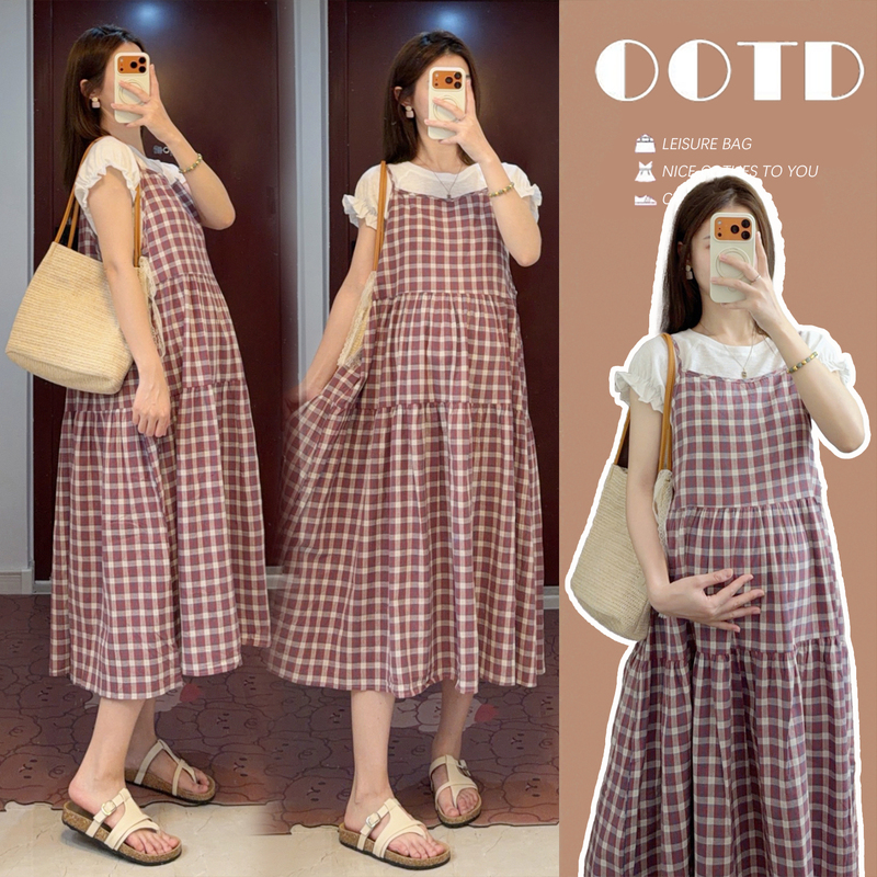 Stylish Maternity Wear That Doesn'T Show Pregnancy, New Summer Fashion Loose Top + Plaid Suspender Dress Maternity Set