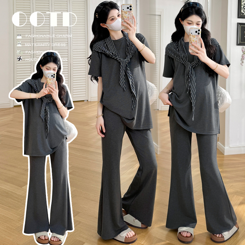 Trendy Maternity Wear That Doesn'T Show Pregnancy, 2026 Summer New Casual Shawl Short-Sleeve Top + Wide-Leg Pants Maternity Set