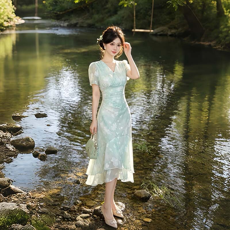 [Zhang Xiaoxiao] "Mint Sweet Wine" [with Lining] Waist-Cinching Slim-Fit Dress D9407