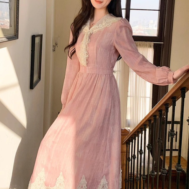 2026 Spring New Women's Dress French Long Sleeve Dress Pastoral Style Versatile Waist Long Dress Pink D0371