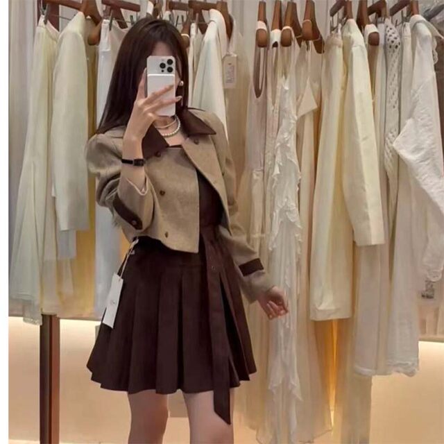 Lined Fabric Comes with a Belt 2026 Spring New Style Elegant and Cool Short Coat and Skirt Two-Piece Set Lj0056