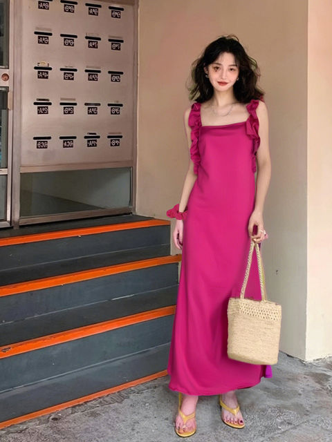 Dragon Fruit Color Sleeveless Suspender Dress 2026 Spring New Style French Square Collar Slimming A-Line Dress 1455