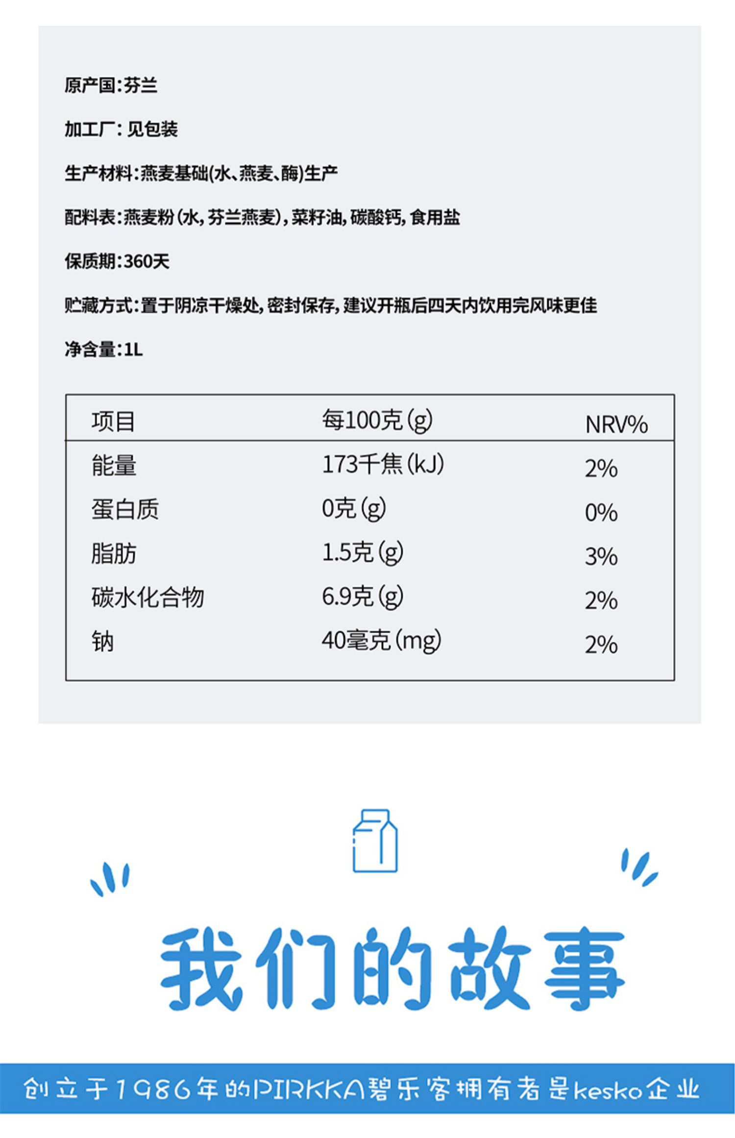 PIRKKA碧乐客欧洲进口燕麦1L*2