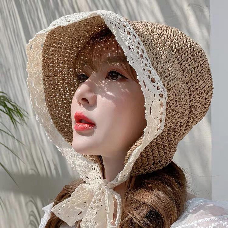 Net red straw hat female summer lace lace beach hat small fresh seaside travel holiday sunscreen sunshade hat strap