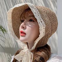 Net red straw hat lady Charlace lace beach hat little fresh seaside for a holiday sunscreen sunscreen hat strap