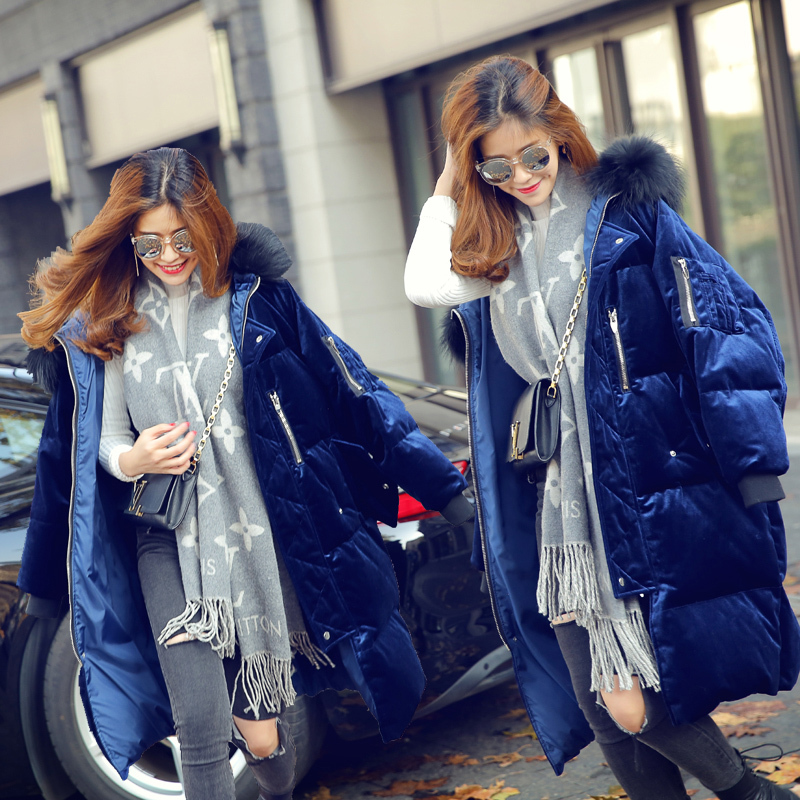 Korean Winter Coat with Large Fur Collar, Velvet down Jacket for Women, Mid-Length, 2025 New Korean Style, Trendy, Loose Fit, Plus Size