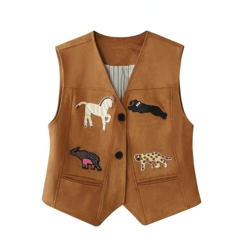 Retro Cartoon Decorative Suede Vest for Women in Spring & Fall, Unique and Chic, Layered with V-Neck Waistcoat and Layered Top