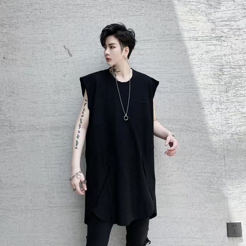 Minimalist Casual Style Dark Series Sleeveless Vest for Men, Large Size, Loose Fit, Round Neck, Mid-Length, Trendy High Street Brand, Plus-Size Tank Top