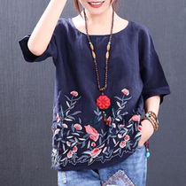 Ethnic style retro loose round neck embroidery Joker cotton top size womens clothing 2020 new short sleeve t