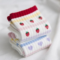 (6 double) small fresh strawberry loving pure cotton in cylinder Sox girl student white 100 lap sweets and socks