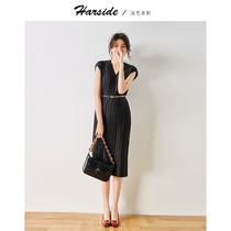 HARSIDE 2020 Summer new V collar shoulder thin temperament loose retro pleated medium length dress women
