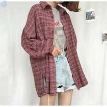 New sunscreen Korean version of plaid shirt female students loose long coat Joker retro bf long sleeve lining