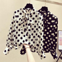 South Korea 2021 Spring and Autumn New coat light cooked foreign air wave point chiffon shirt female design sense small public return to ancient port flavor