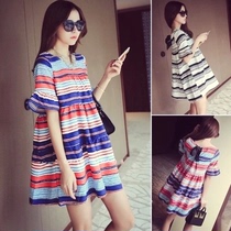 Hong Kong 2021 Summer New Women Loose Plus Size Casual Dress Striped Beach Resort Tide