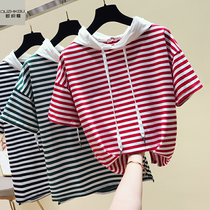 Pure cotton short-sleeved T-shirt girl outfit 2021 summer new student stripe hat with hoodie casual sweater