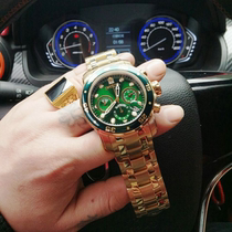  Invicta 0075 Green Water Ghost Large Dial Three-eye Watch Waterproof Gold plated chronograph Mens Watch