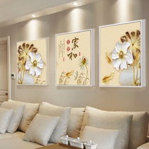 Golden lotus cross stitch new thread embroidery living room home and everything is happy Simple modern triptych rich fish
