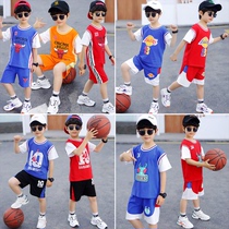 Childrens short-sleeved basketball suit suit Childrens summer clothes Large childrens sports ball clothes Men and womens cotton jersey two-piece set