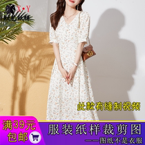 Spring and summer V-neck chiffon dress paper pattern floral mid-length slim A-line skirt sample cutting drawings